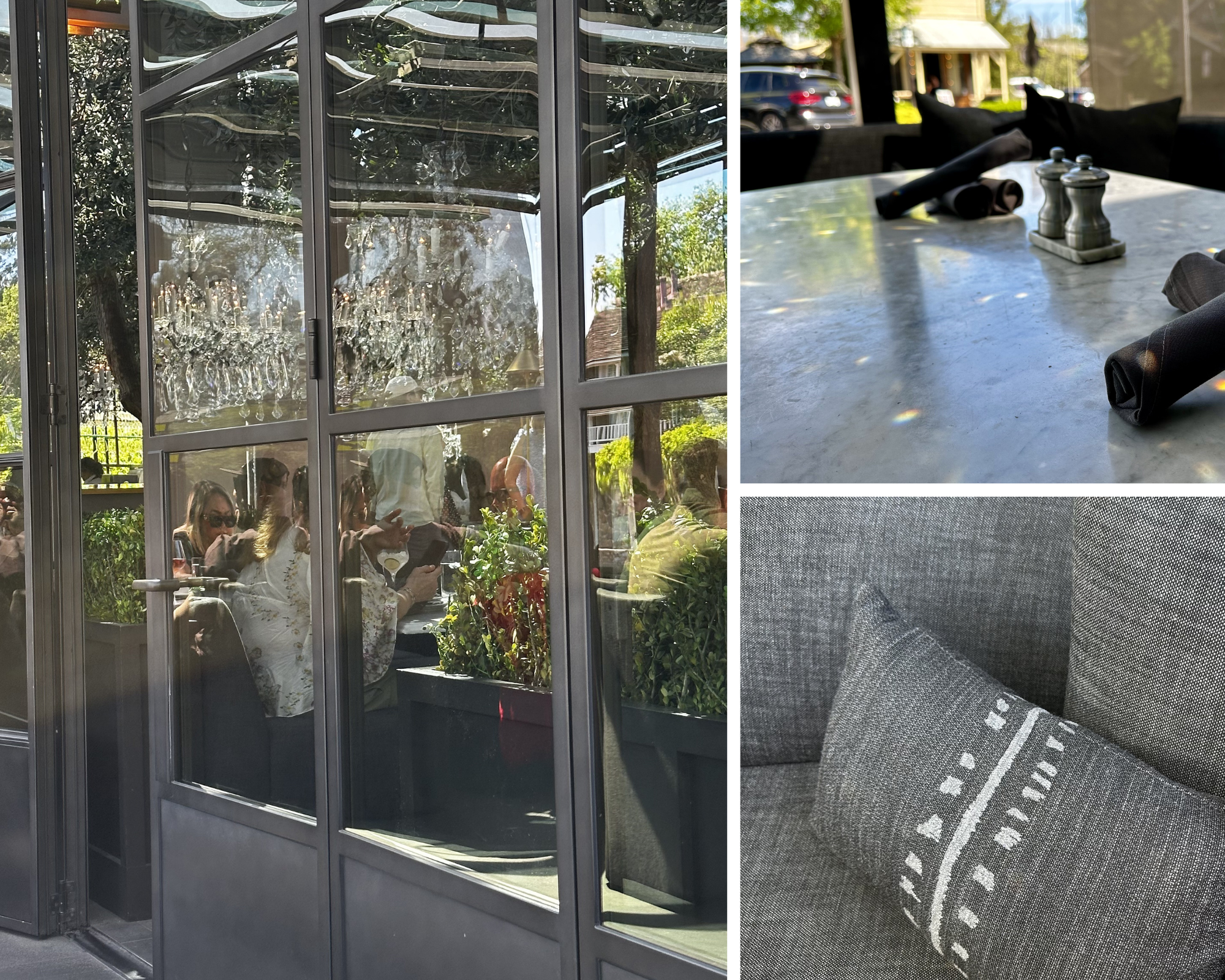 Collage of natural materials and finishes at RH Restaurant Yountville featuring black steel French doors, marble dining table setting, and neutral-toned basket weave fabric upholstery