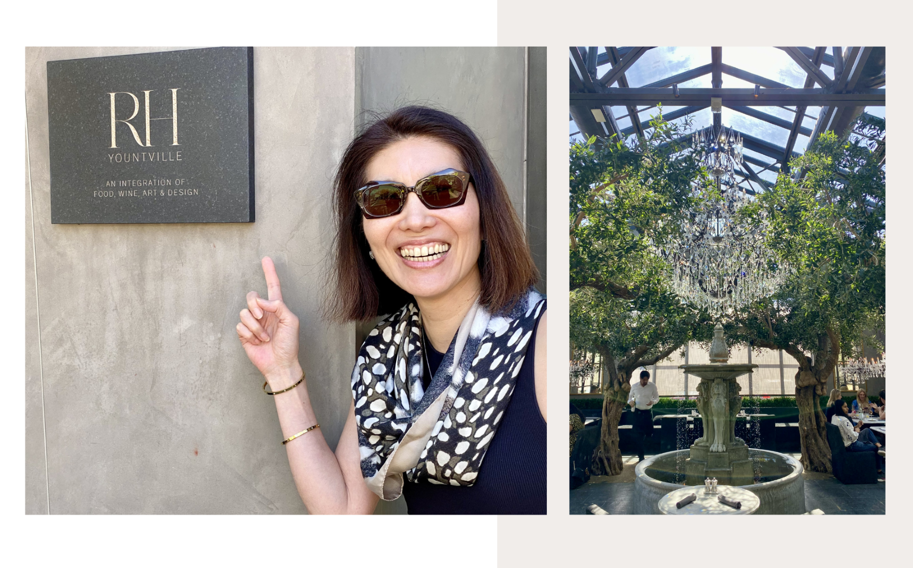 Interior of RH Yountville restaurant featuring oversized modern furnishings, crystal chandelier centerpiece, mature olive trees, and a luxury indoor-outdoor dining space with stone and glass architecture